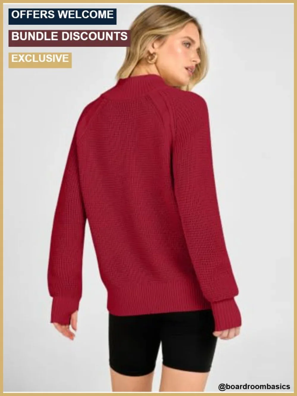 Womens Waffle Knit Quarter Zip Pullover Sweater Loose Fit Long Sleeve Thumb